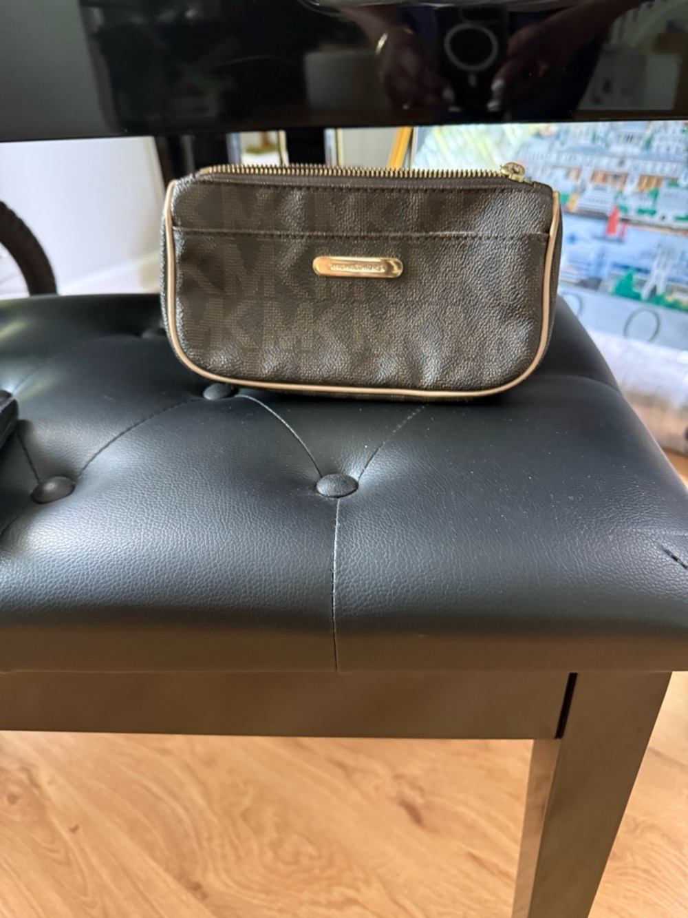 Michael Kors Brown MK Logo Cosmetic Pouch with Gold Trim